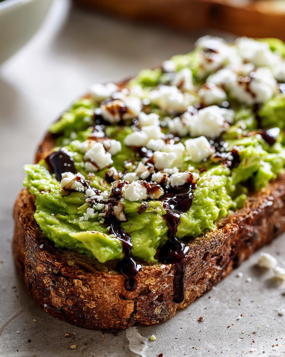 Close-up of gourmet avocado toast topped with mashed avocado, feta cheese crumbles, and a drizzle of balsamic glaze.