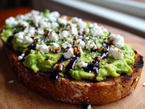 Close-up of gourmet avocado toast topped with mashed avocado, crumbled feta cheese, and a dark balsamic glaze.