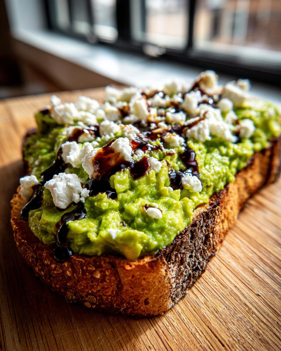 Close-up of gourmet avocado toast topped with mashed avocado, crumbled feta cheese, and a dark balsamic glaze.