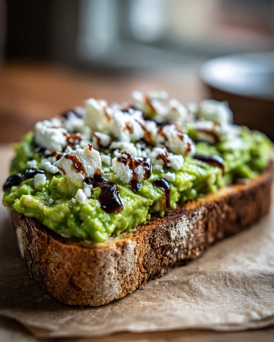 Close-up of gourmet avocado toast on dark bread, topped with mashed avocado, feta cheese, and balsamic glaze.