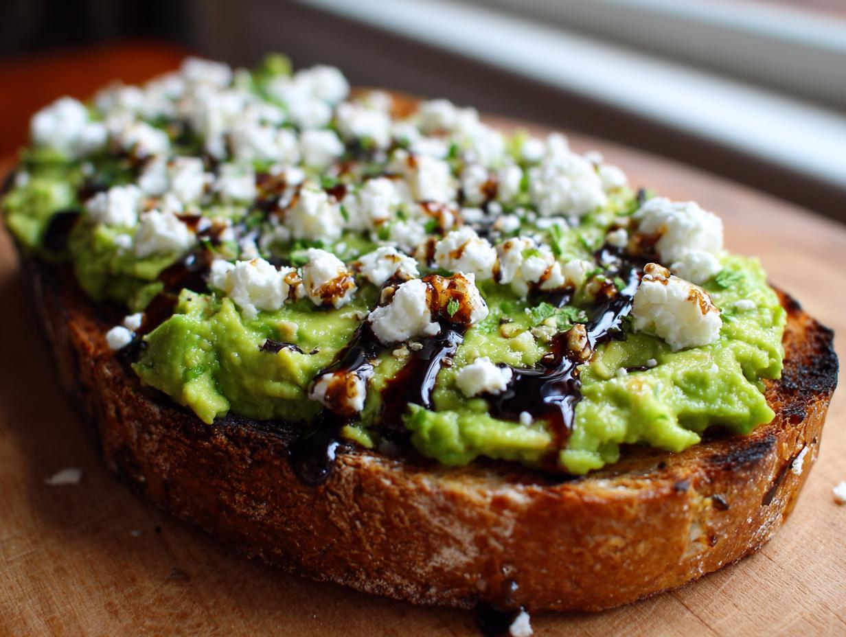 Close-up of gourmet avocado toast topped with mashed avocado, crumbled feta cheese, and a dark balsamic glaze.
