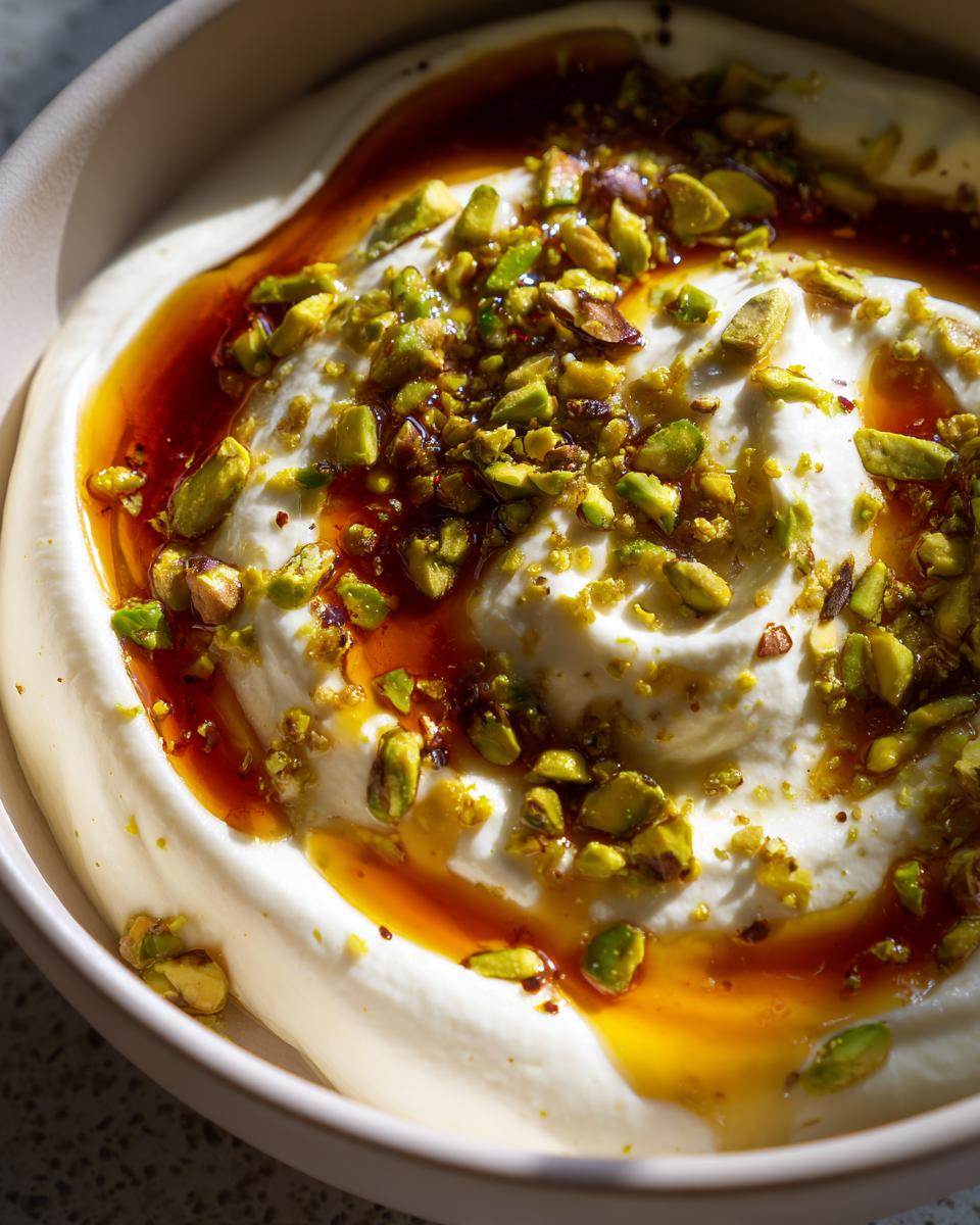 Close-up of creamy ricotta dip swirled with golden syrup and topped generously with chopped green pistachios.