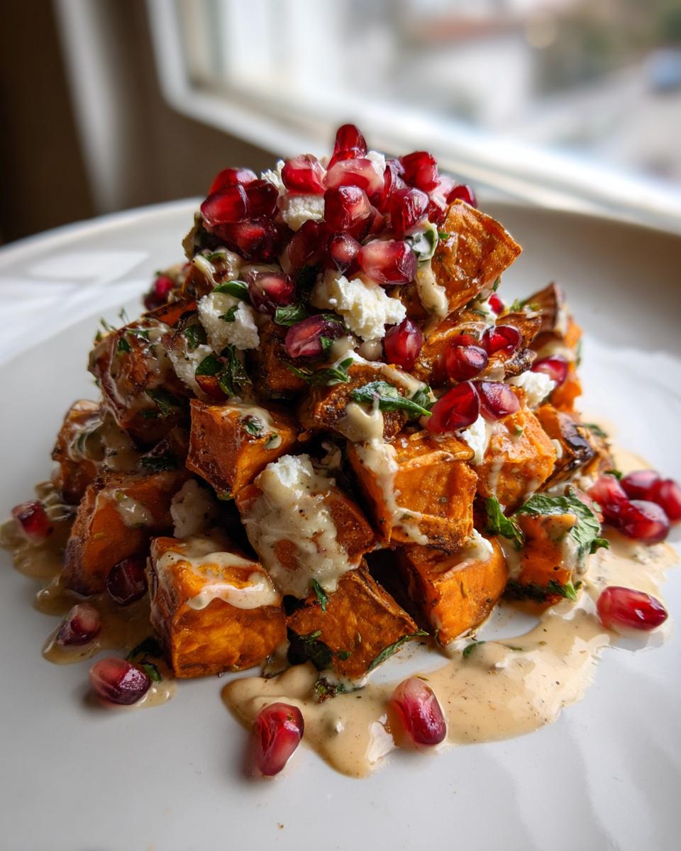 A mound of roasted sweet potato salad cubes topped with feta cheese, pomegranate seeds, and a creamy dressing.