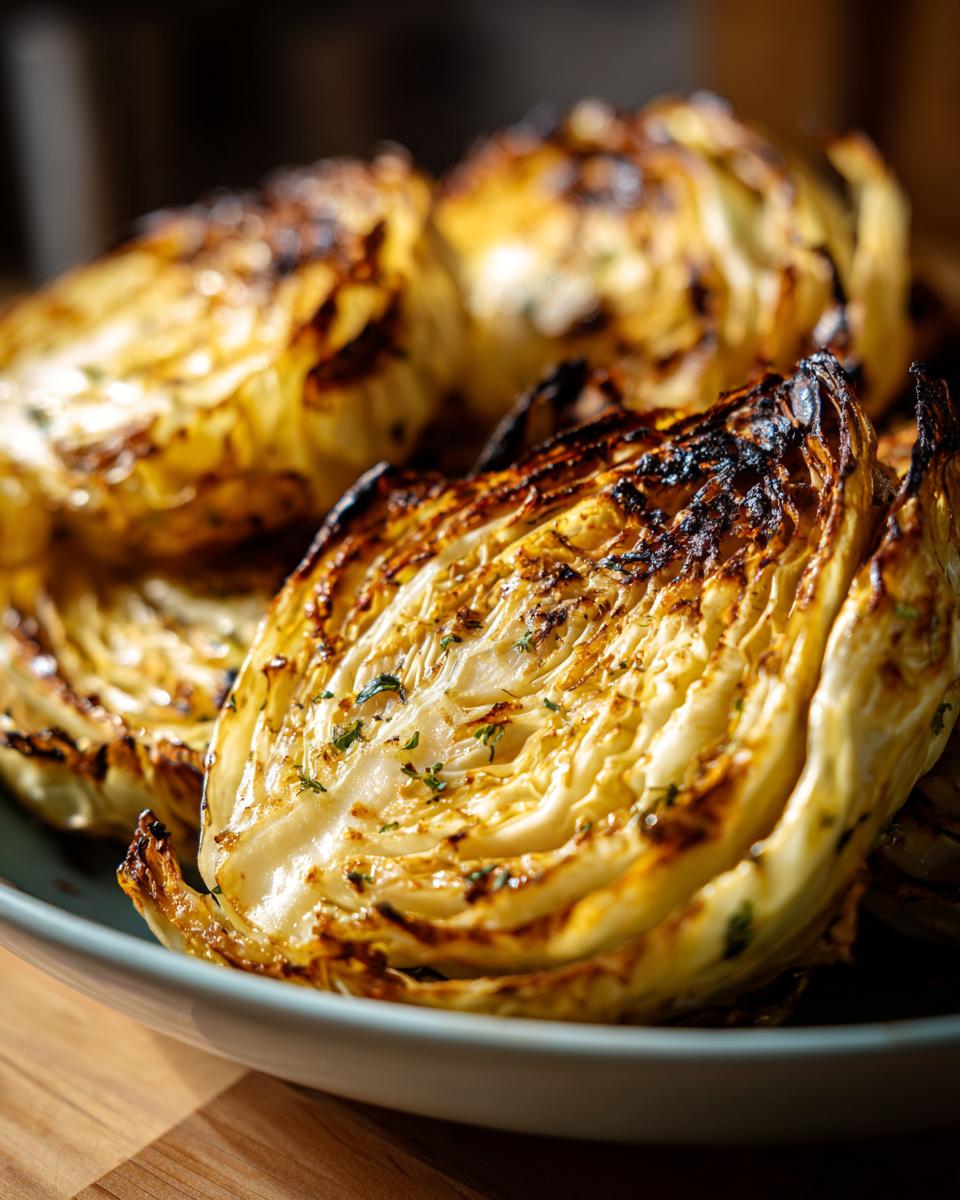 Close-up of perfectly grilled cabbage wedges seasoned with herbs, showcasing caramelized edges from this delicious cabbage recipe.