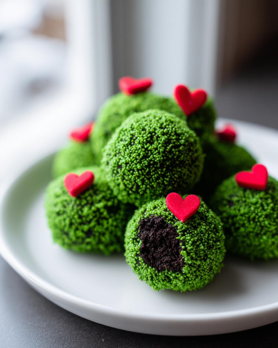A pile of bright green Grinch Oreo balls coated in sprinkles, each topped with a small red heart candy.