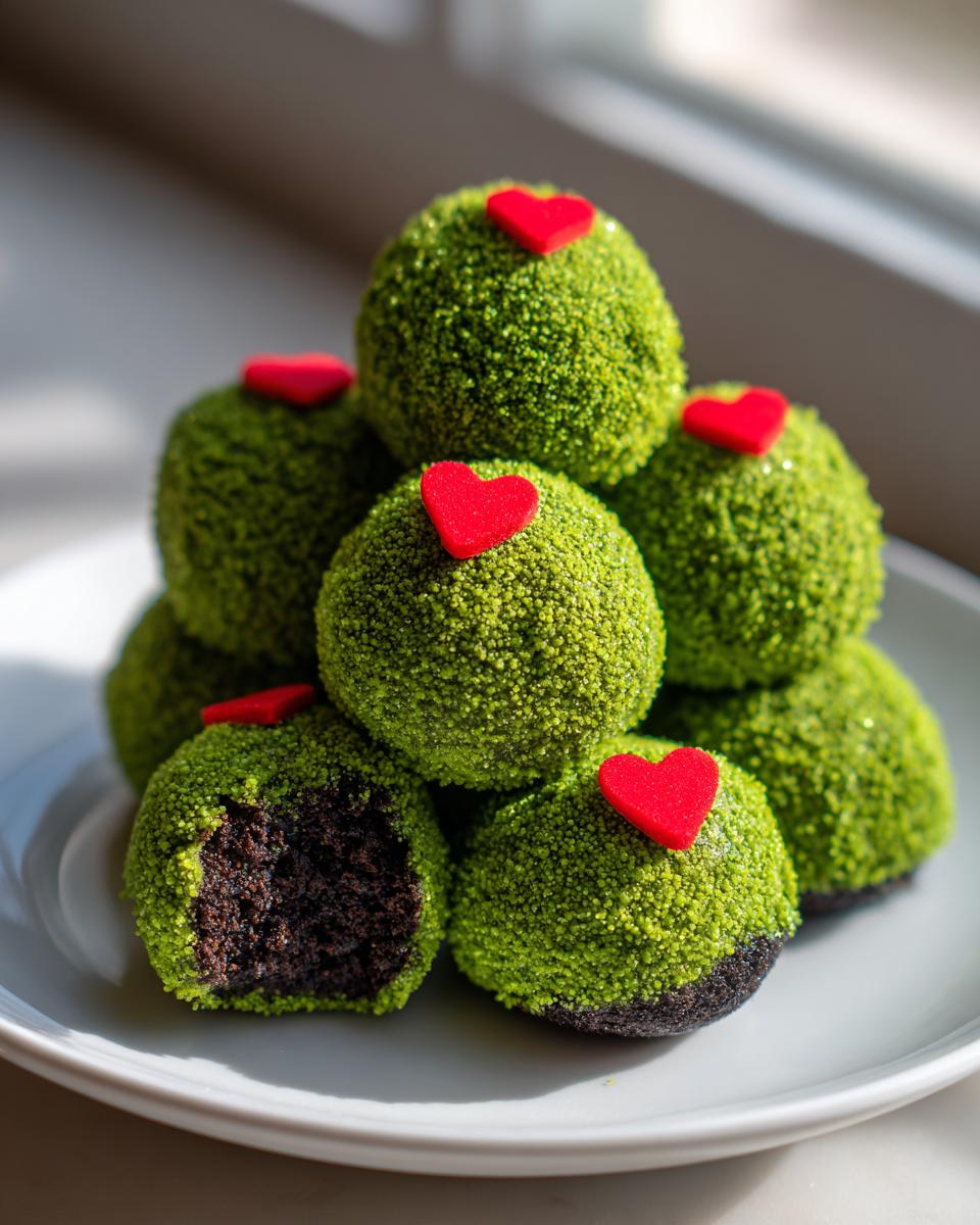 A stack of bright green, textured Grinch Oreo Balls topped with small red hearts, one ball has a bite taken out showing the dark chocolate interior.