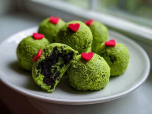 A plate of bright green Grinch Oreo Balls, one cut open revealing a dark chocolate center, topped with small red hearts.