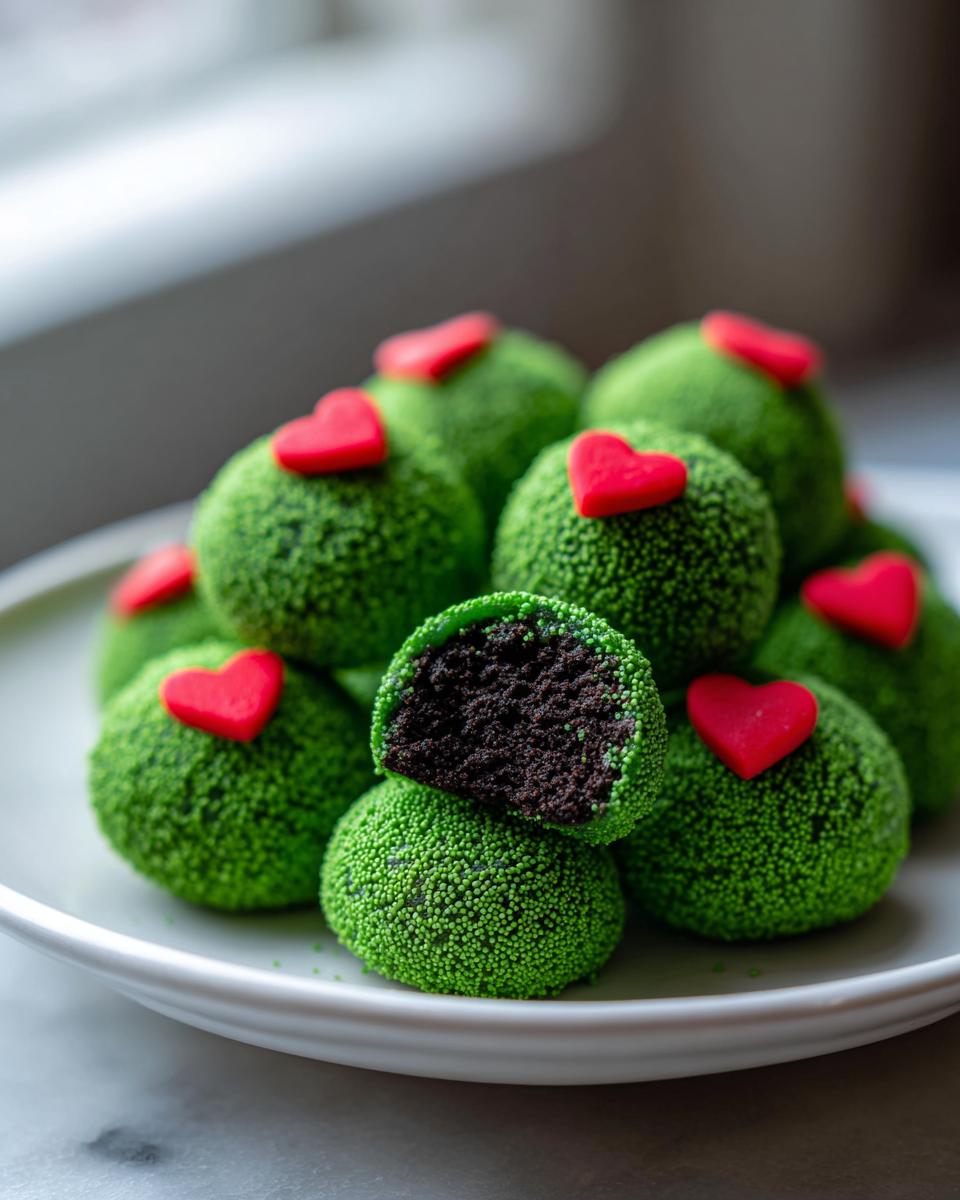 A pile of bright green Grinch Oreo Balls, one cut in half showing the dark chocolate center, topped with small red hearts.