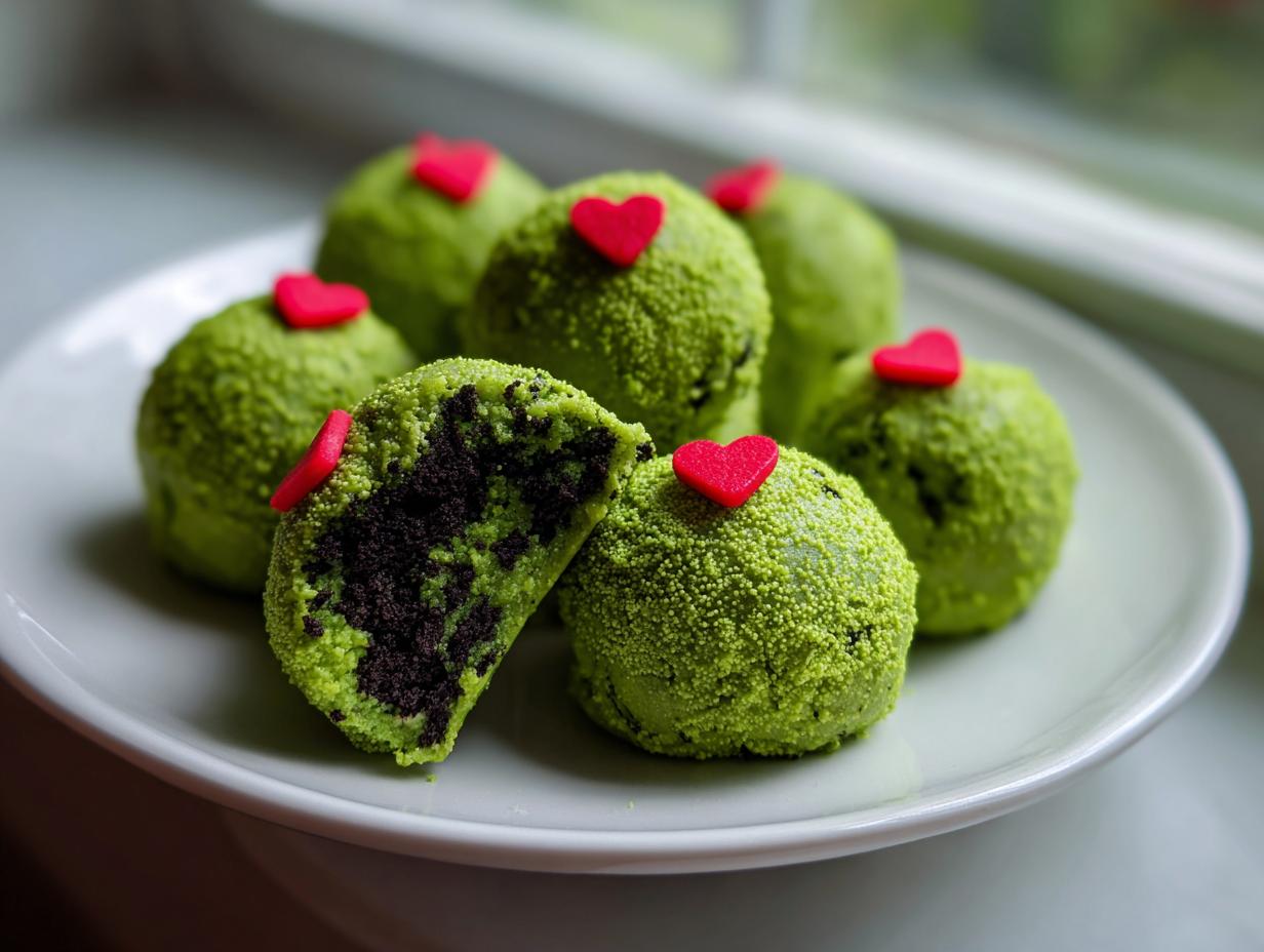 A plate of bright green Grinch Oreo Balls, one cut open revealing a dark chocolate center, topped with small red hearts.
