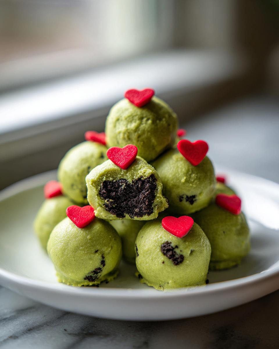 A stack of green Grinch Oreo Balls, one cut open to show the dark chocolate cookie center, topped with small red hearts.
