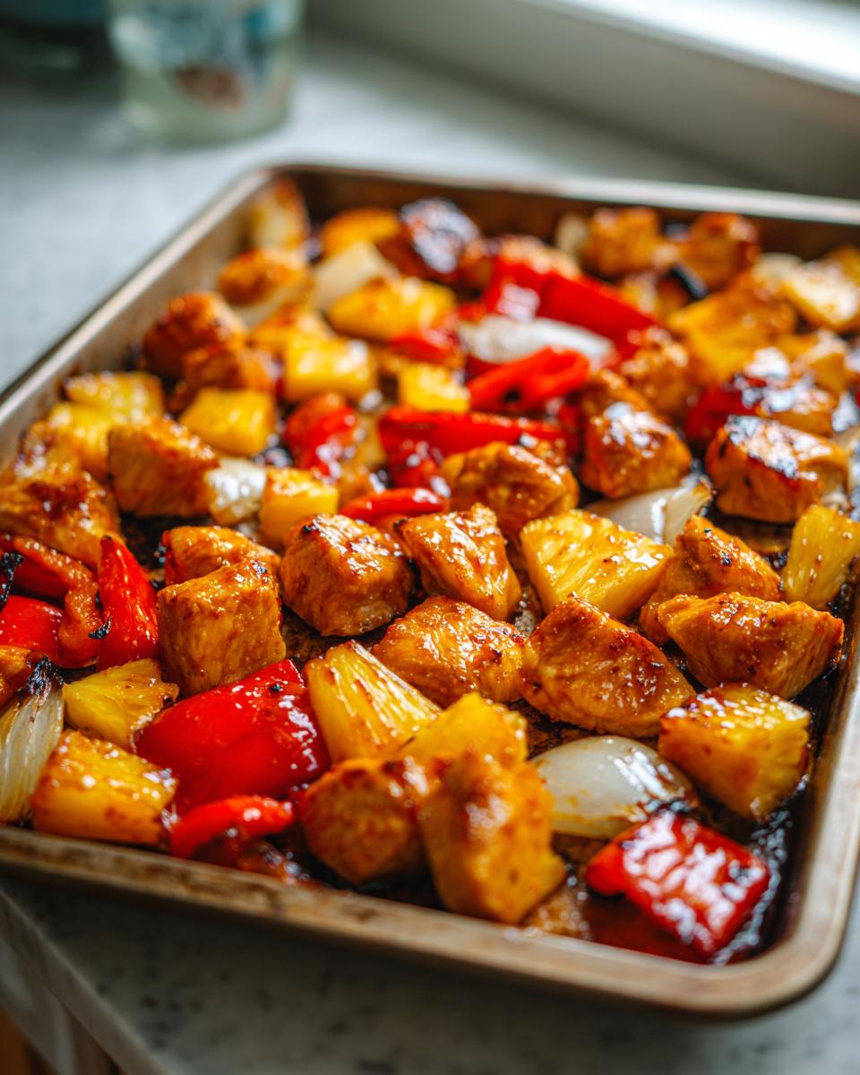 Close-up of glazed chicken chunks, pineapple, red peppers, and onions cooking on a sheet pan for hawaiian chicken sheet pan.