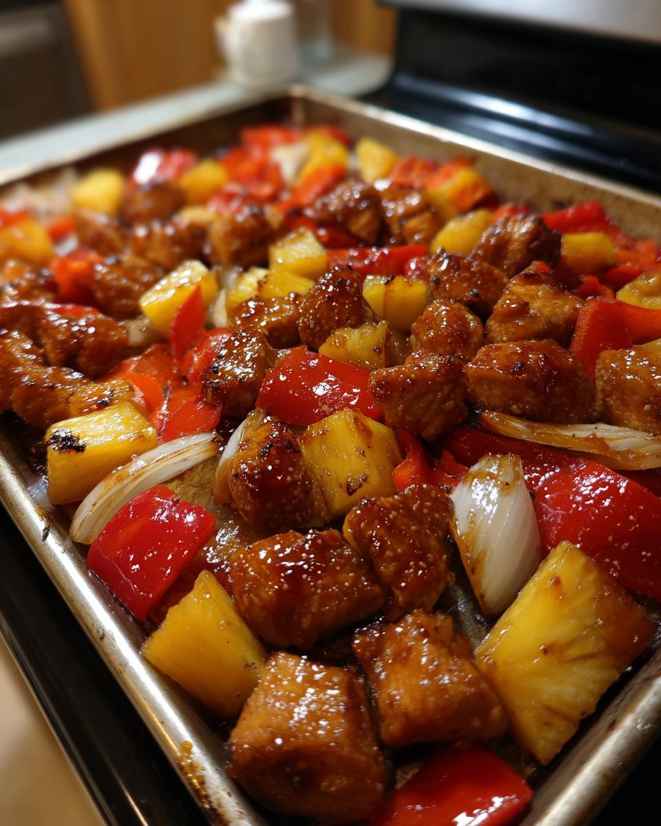 Close-up of glazed hawaiian chicken sheet pan with pineapple, red peppers, and onions.