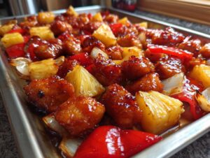 Close-up of sticky, glazed hawaiian chicken sheet pan pieces mixed with pineapple chunks, red peppers, and onions on a metal baking sheet.