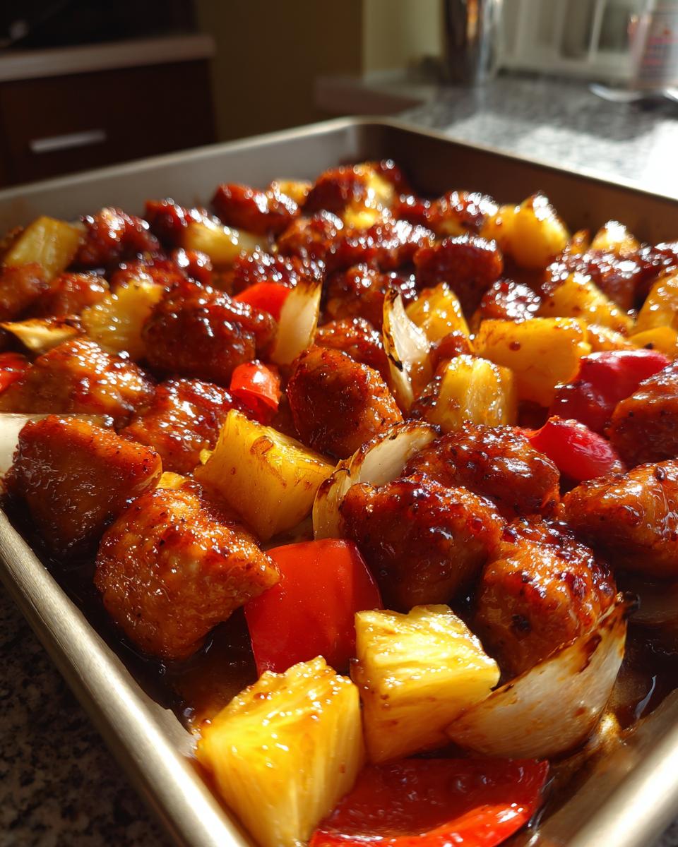 Close-up of glistening, glazed hawaiian chicken sheet pan pieces mixed with chunks of pineapple, red pepper, and onion.