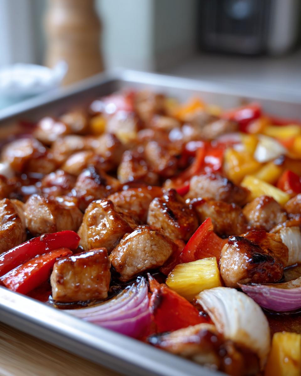 Close-up of glistening, glazed chunks of hawaiian chicken sheet pan ingredients including pineapple, red peppers, and onion.