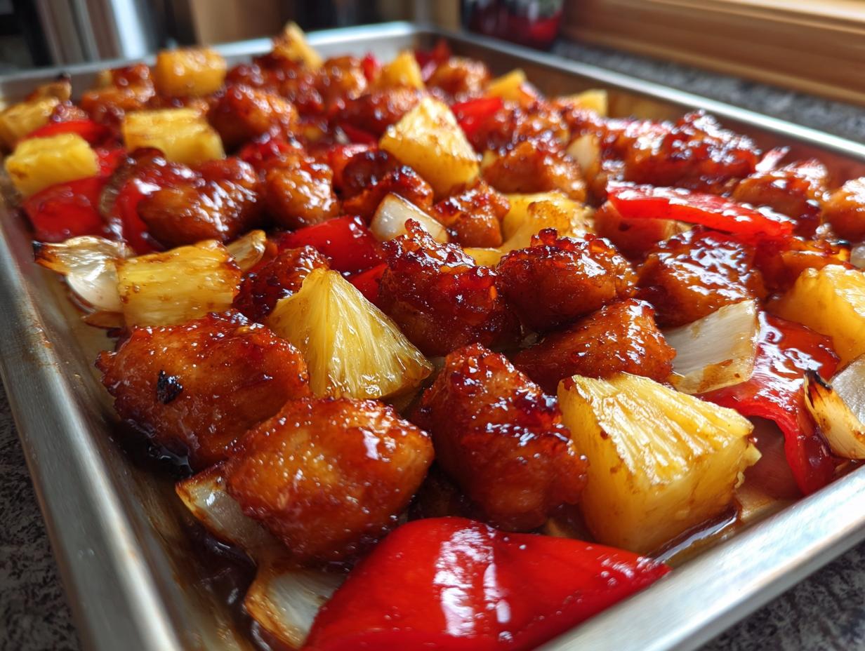 Close-up of sticky, glazed hawaiian chicken sheet pan pieces mixed with pineapple chunks, red peppers, and onions on a metal baking sheet.