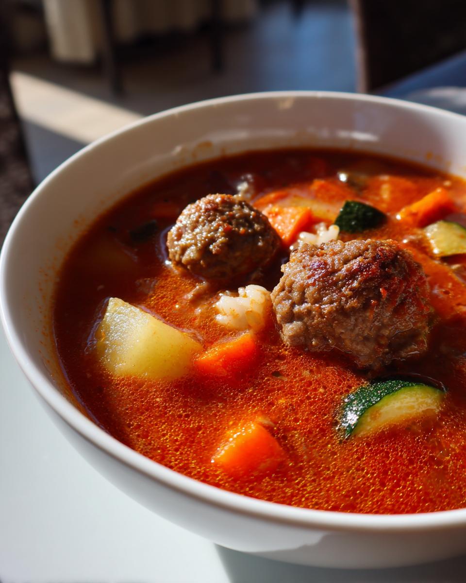 Close-up of a white bowl filled with rich, red albondigas soup featuring meatballs, carrots, potatoes, and zucchini.