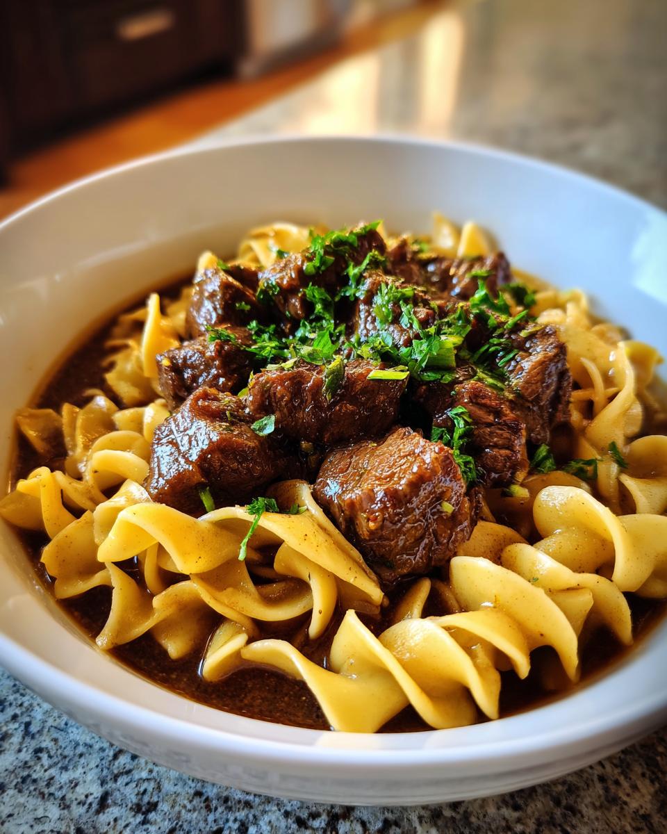 A close-up of rich beef noodle soup featuring tender chunks of stewed beef over egg noodles, garnished with fresh parsley.
