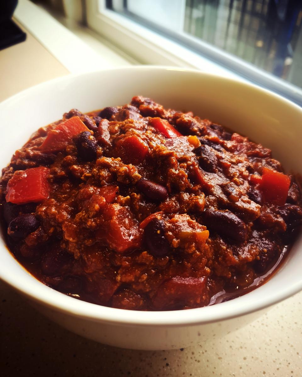 Close-up of a white bowl filled with rich, thick black bean chili, featuring visible beans and chunks of tomato.