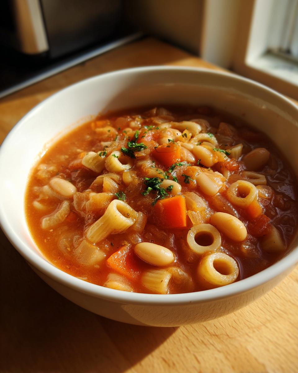 Close-up of a steaming bowl of pasta fagioli soup with beans, pasta, carrots, and herbs.