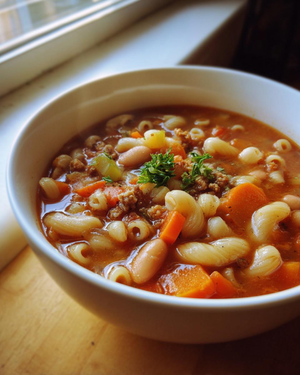 Close-up of a white bowl filled with rich pasta fagioli soup, featuring elbow macaroni, white beans, carrots, and ground meat.