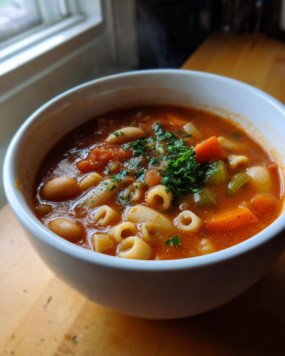 Close-up of a white bowl filled with steaming pasta fagioli soup, garnished with fresh parsley.