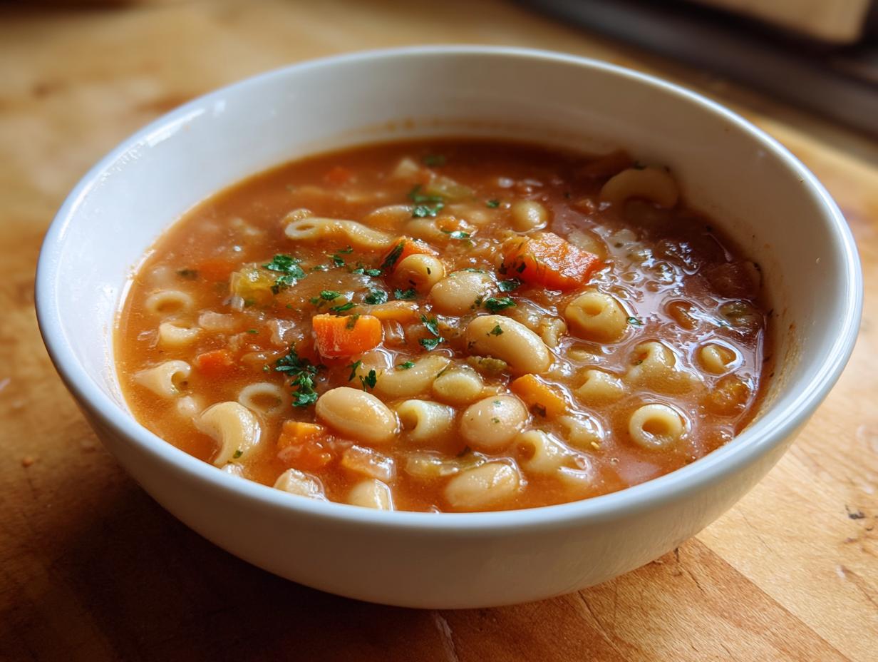 Close-up of a white bowl filled with rich, tomato-based pasta fagioli soup featuring white beans, small elbow macaroni, and diced carrots.