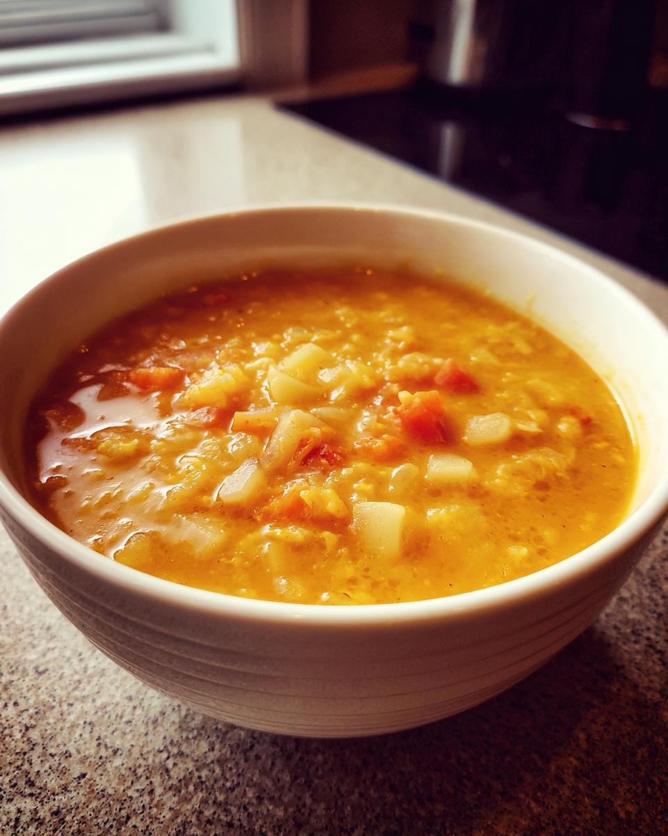 Close-up of a hearty, orange-yellow cheese soup with visible chunks of potato and carrot in a white bowl.