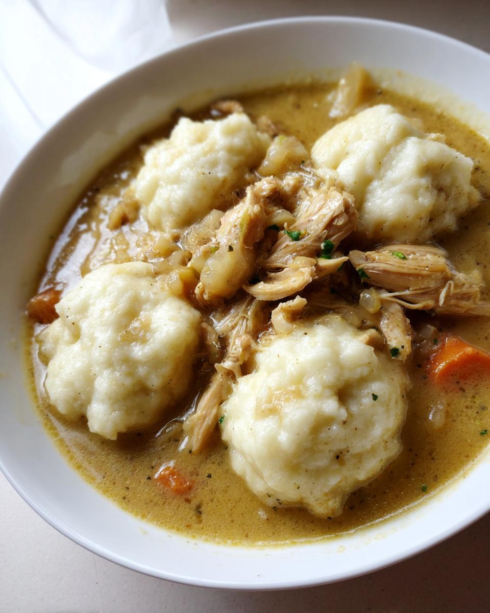 Close-up of a bowl of rich, creamy chicken and dumpling soup with shredded chicken and carrots.