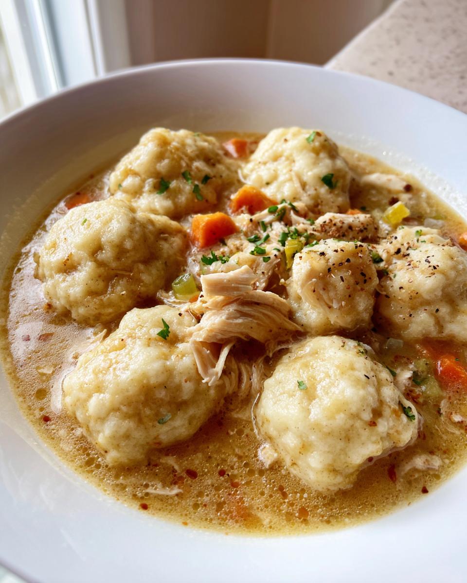 Close-up of a white bowl filled with rich broth, shredded chicken, vegetables, and fluffy dumplings in this chicken and dumpling recipe.