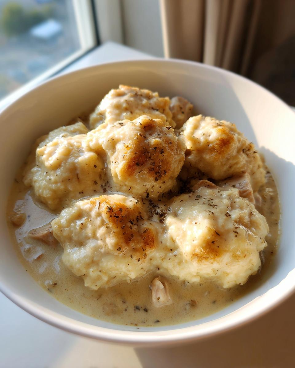 Close-up of a white bowl filled with creamy chicken and dumpling, topped with dried herbs.