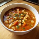 Close-up of a white bowl filled with rich, tomato-based pasta fagioli soup featuring cannellini beans, ditalini pasta, and carrots.