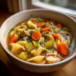 A close-up, appetizing shot of turkey noodle soup featuring wide egg noodles, sliced carrots, celery, shredded turkey, and fresh parsley garnish.