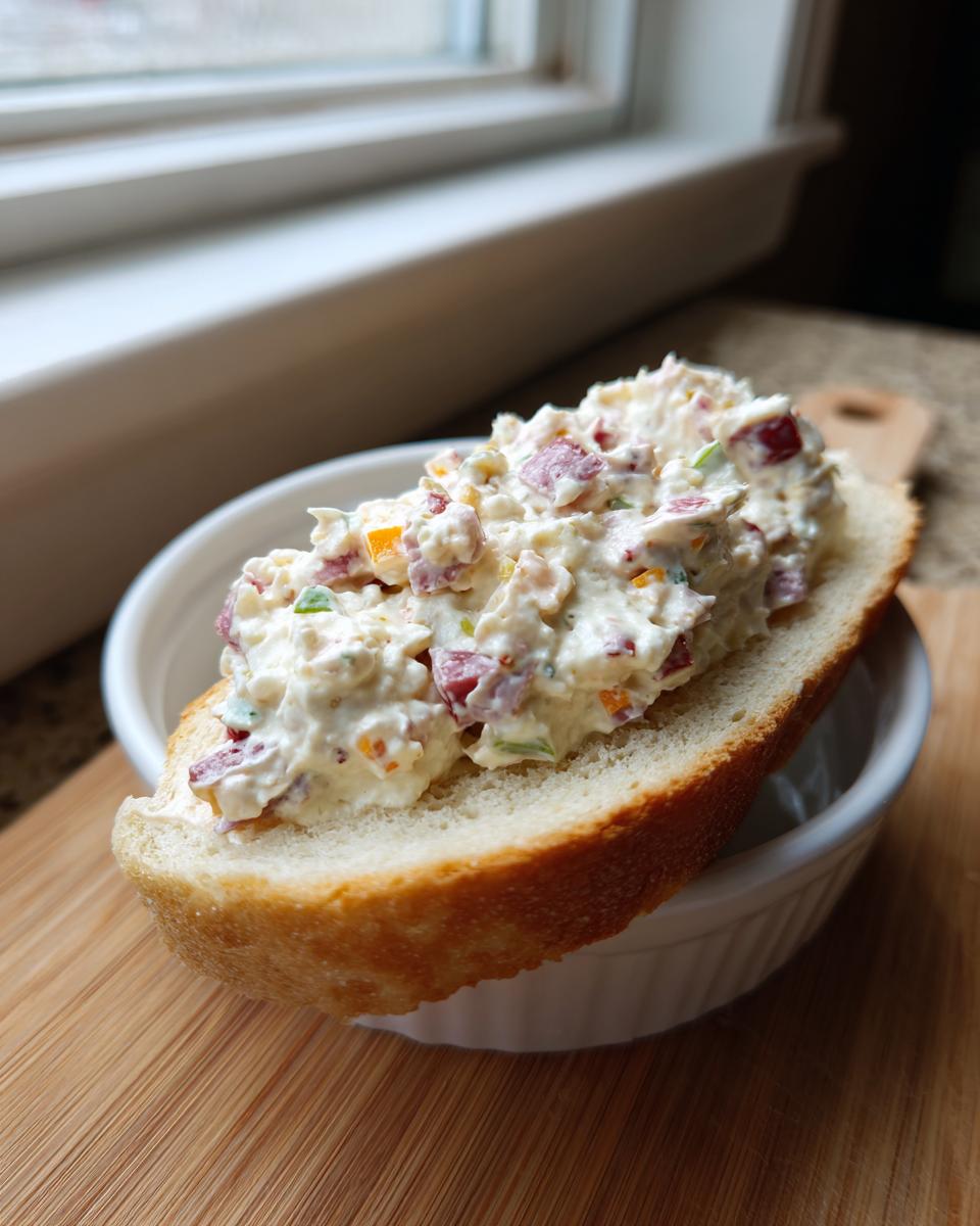 A thick layer of creamy hoagie dip topped with diced meats and peppers served on a slice of crusty bread.