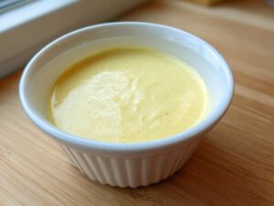 A close-up of rich, yellow hollandaise sauce resting in a small, white, fluted ramekin on a wooden surface.