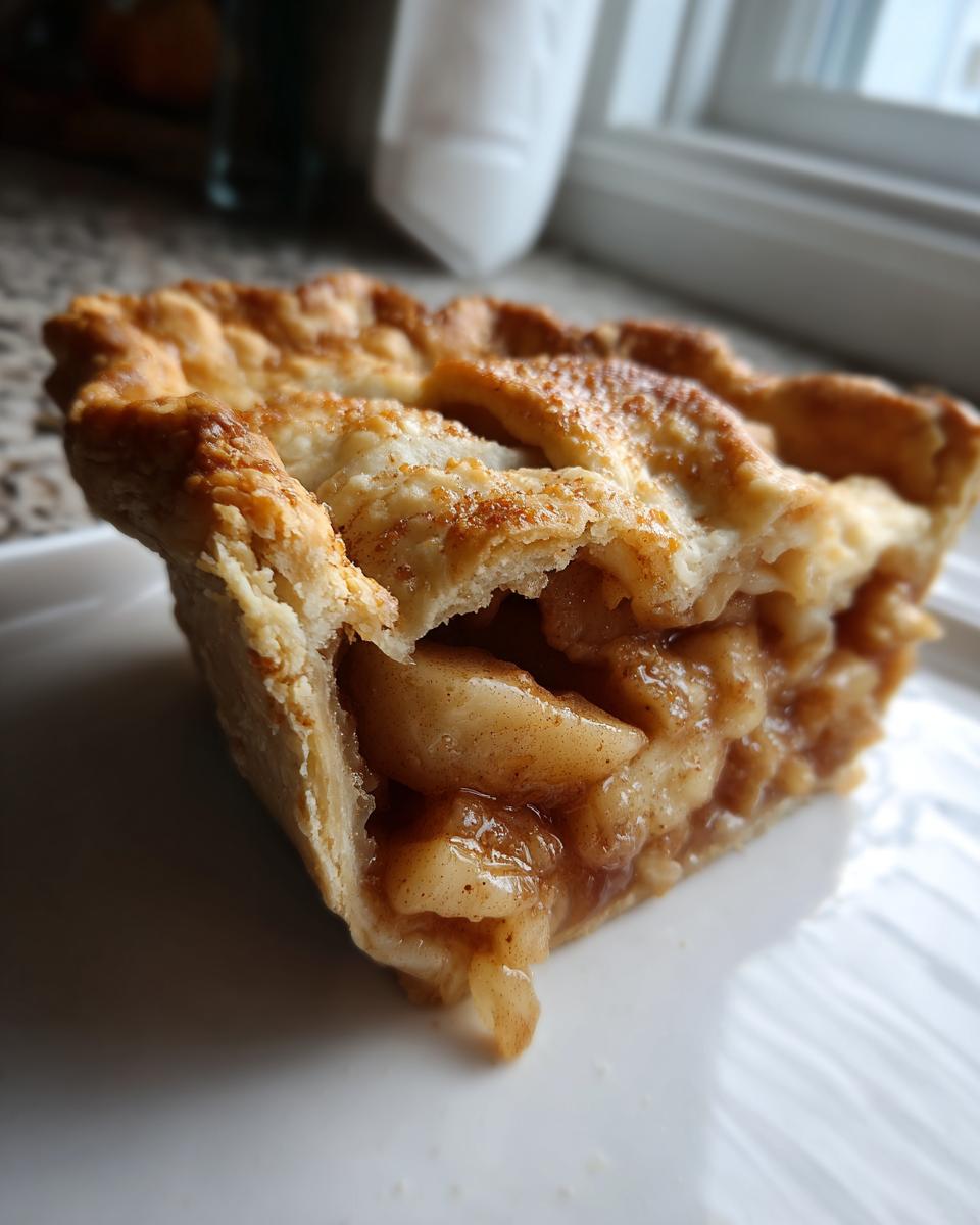 Close-up of a slice of homemade apple pie showing thick, spiced apple filling and a golden, lattice crust.