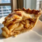 A close-up, appetizing slice of homemade apple pie showing thick, cinnamon-spiced apple filling and a flaky, golden crust.