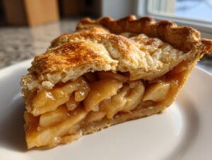 Close-up of a perfect slice of homemade apple pie showing thick, gooey apple filling and a golden, flaky crust.