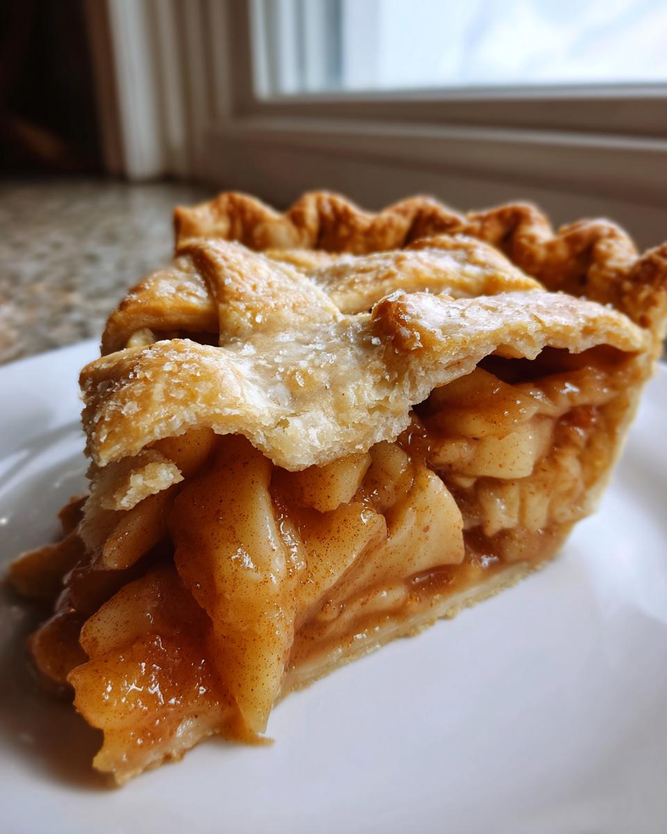 Close-up of a slice of homemade apple pie showing flaky lattice crust and cinnamon-spiced apple filling.