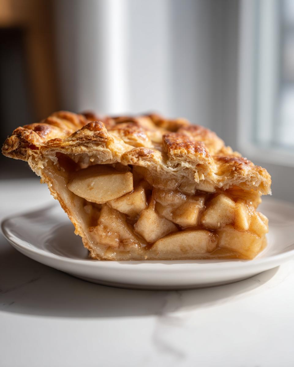 A close-up of a thick slice of homemade apple pie showing chunky filling and flaky lattice crust.