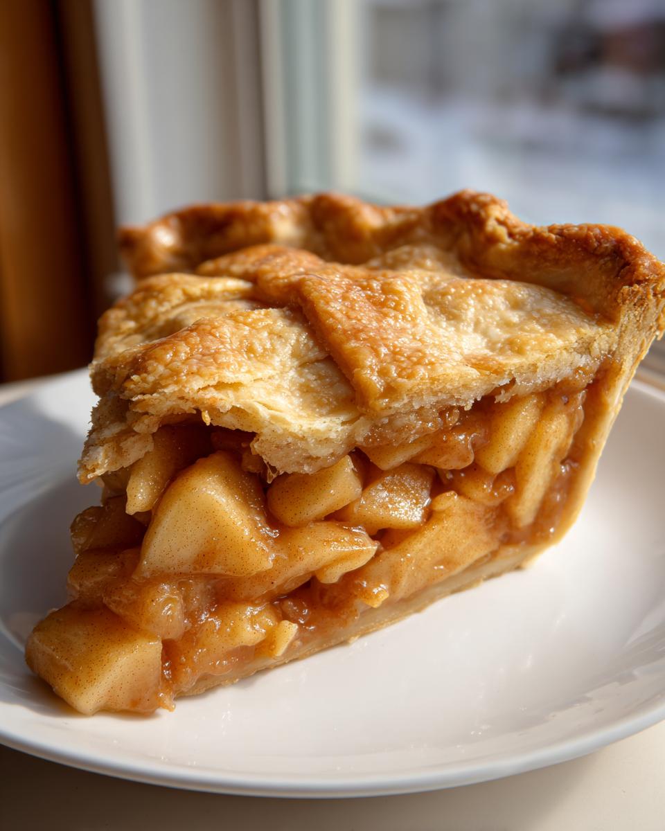 A close-up of a thick slice of homemade apple pie featuring a golden lattice crust and rich, cinnamon-spiced apple filling.