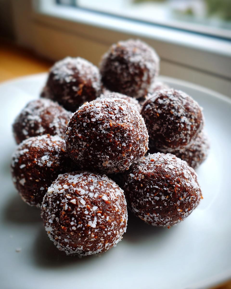 A close-up of several rich, dark bourbon balls piled on a white plate and dusted with white powdered sugar.
