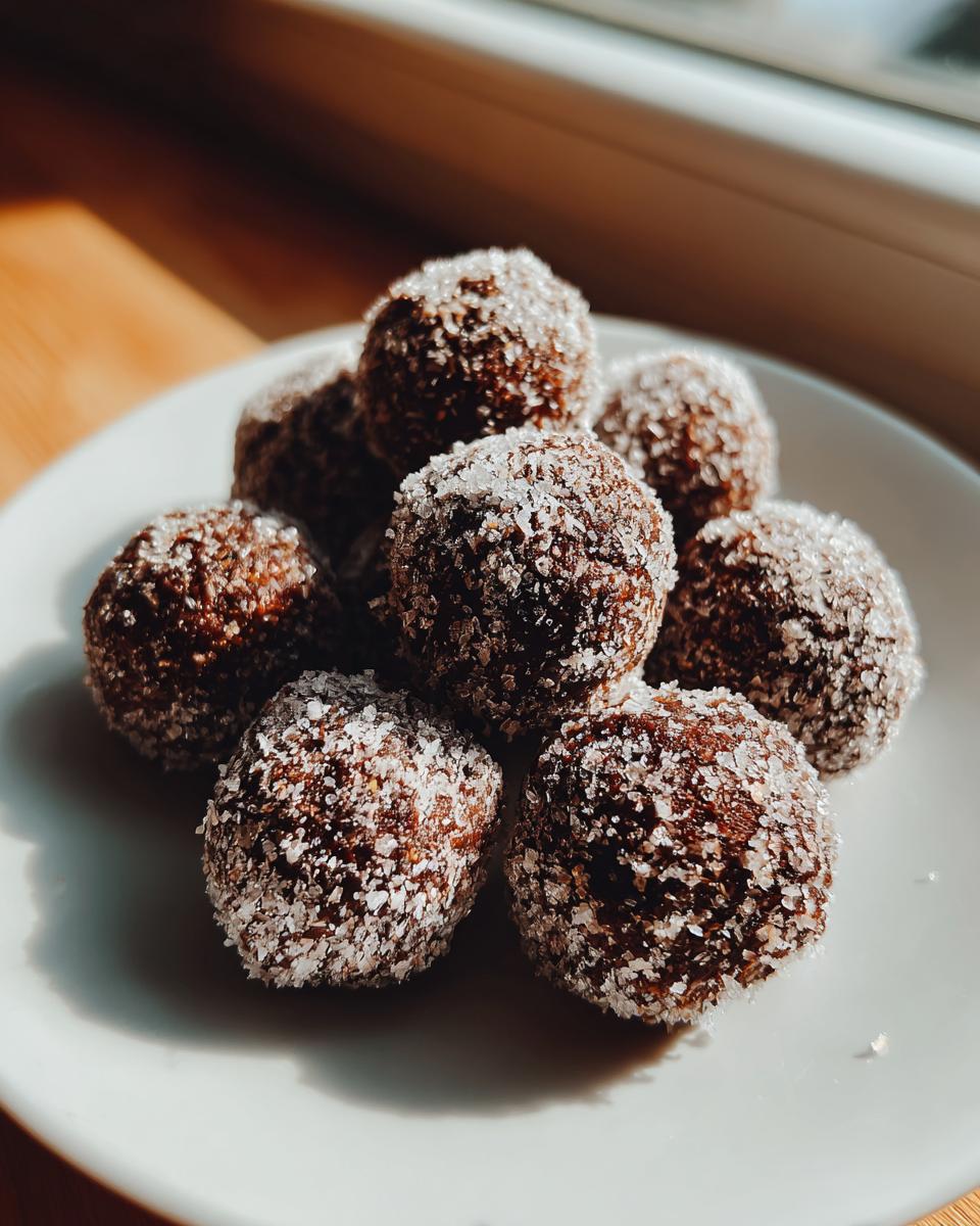 A small pile of rich, dark bourbon balls generously coated in sparkling white sugar crystals on a white plate.