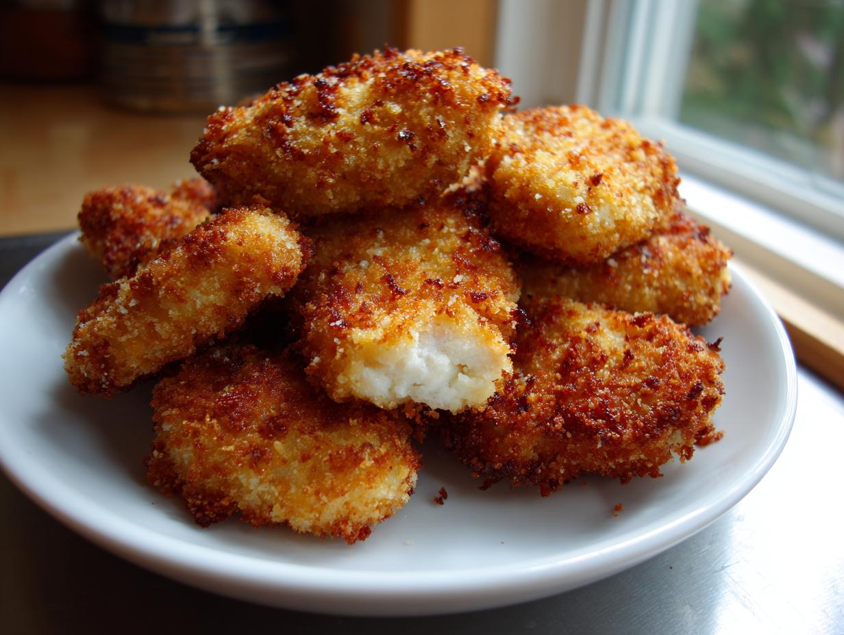 A pile of crispy, golden brown homemade chicken nuggets stacked on a white plate, one nugget is broken open showing the white meat inside.