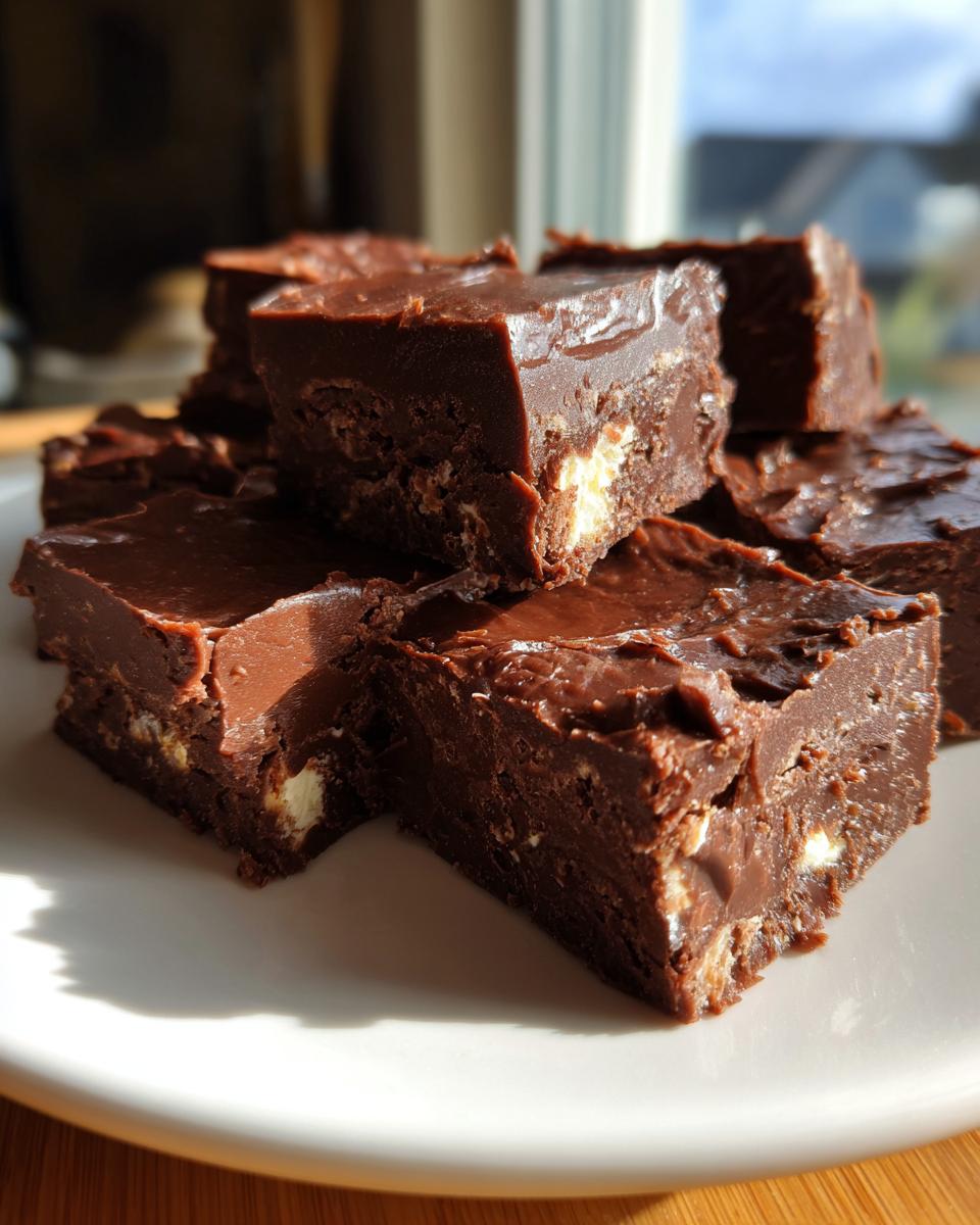 A stack of rich, dark chocolate fudge squares, some showing white marshmallow pieces inside.