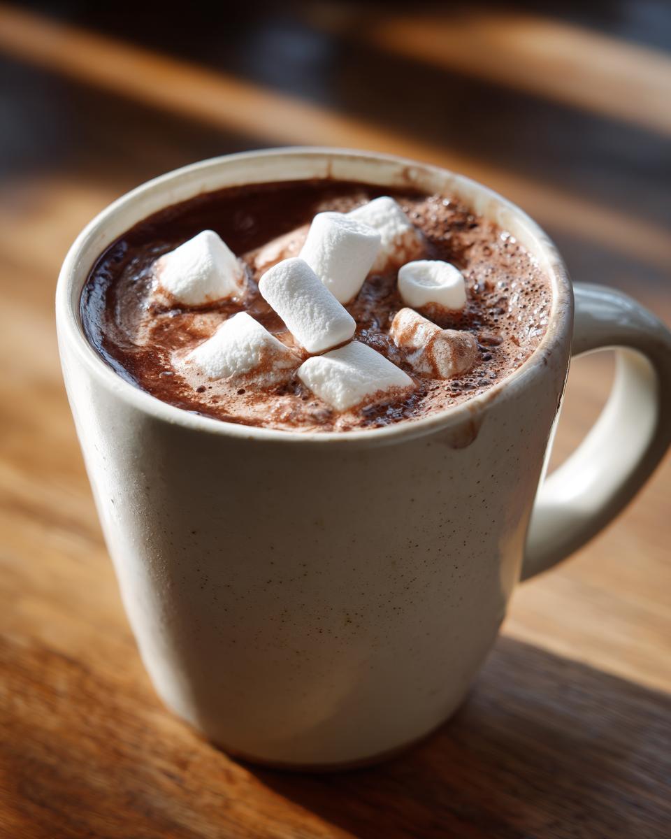 Close-up of a steaming mug of rich homemade hot cocoa topped with fluffy white marshmallows.