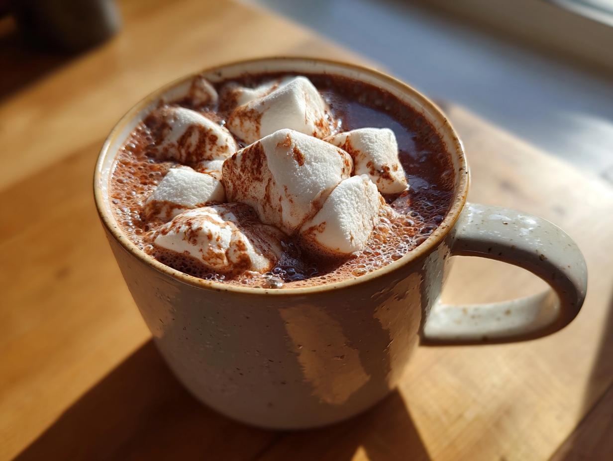 Close-up of a mug filled with rich homemade hot cocoa topped generously with fluffy marshmallows.