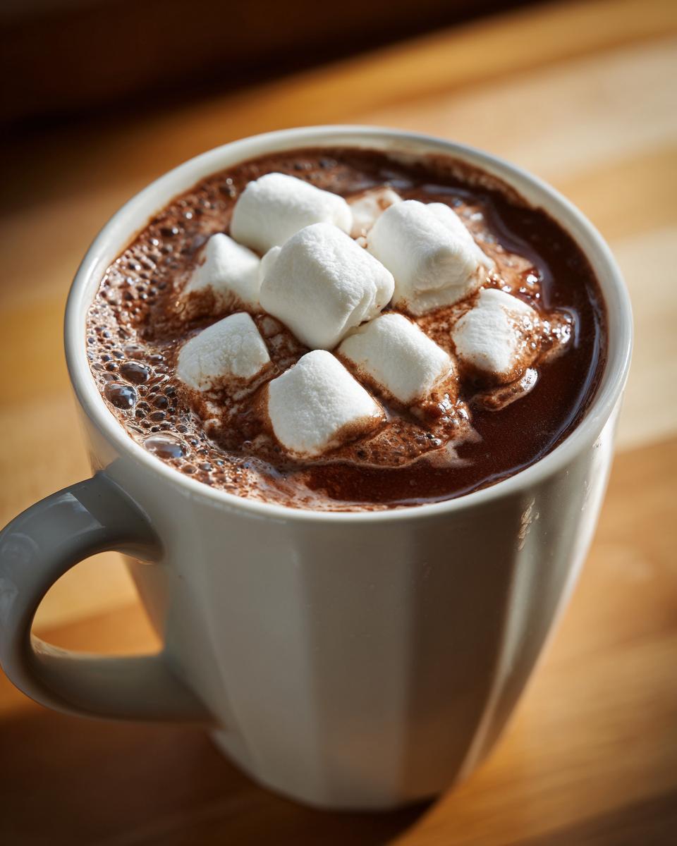 Close-up of a mug filled with rich homemade hot cocoa topped with fluffy white marshmallows.