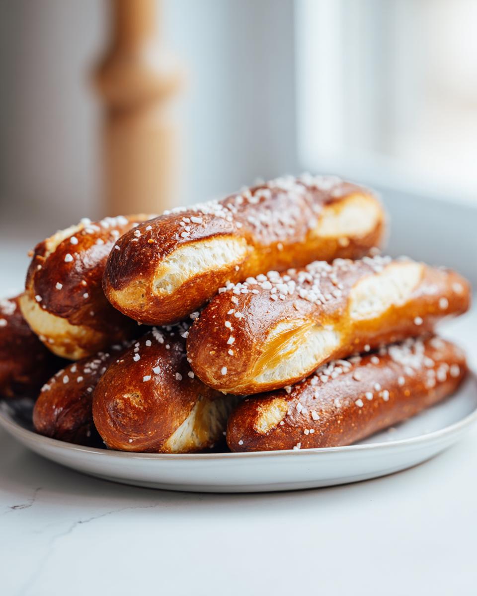 A pile of freshly baked pretzel dogs sprinkled with coarse salt stacked on a light gray plate.