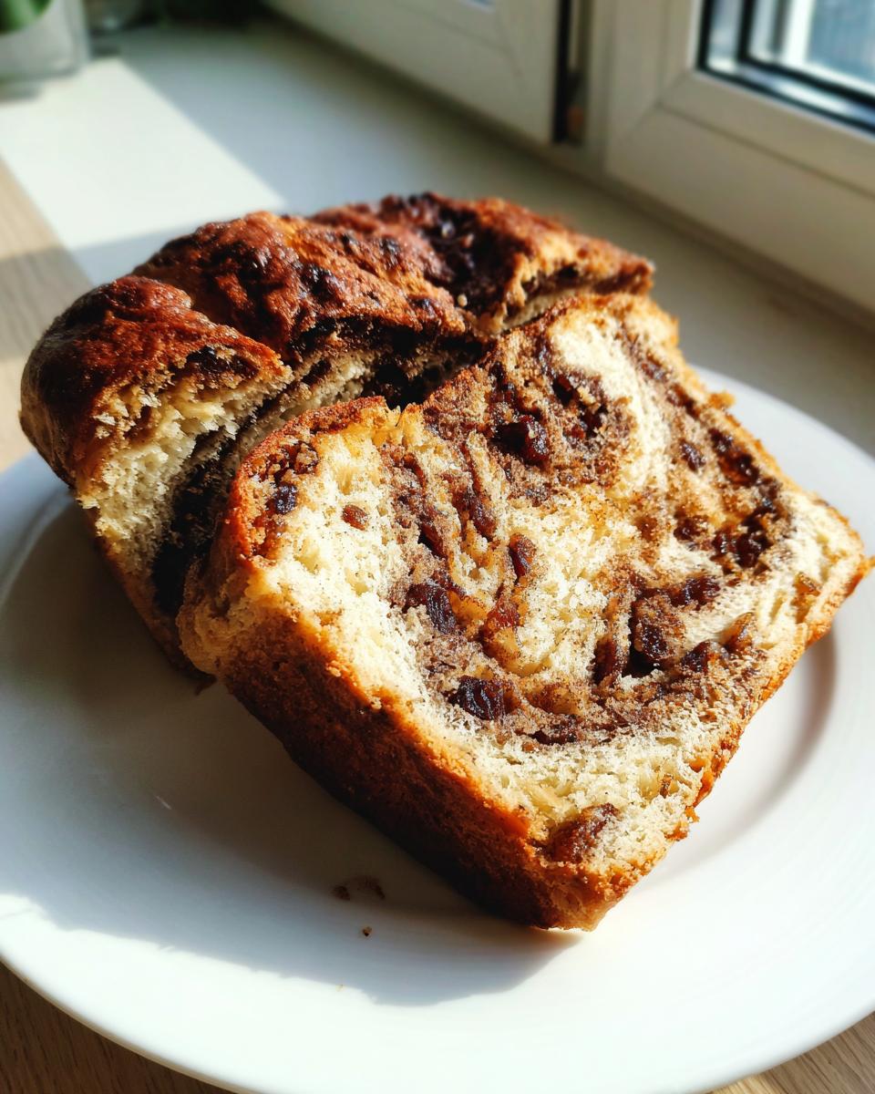Two thick slices of homemade raisin bread showing a swirl of cinnamon and raisins, served on a white plate in bright sunlight.